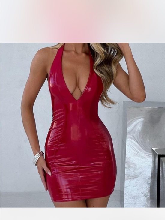 babyboo | Dresses | Glossy Red Plunge Halter Mini Dress | Poshmark